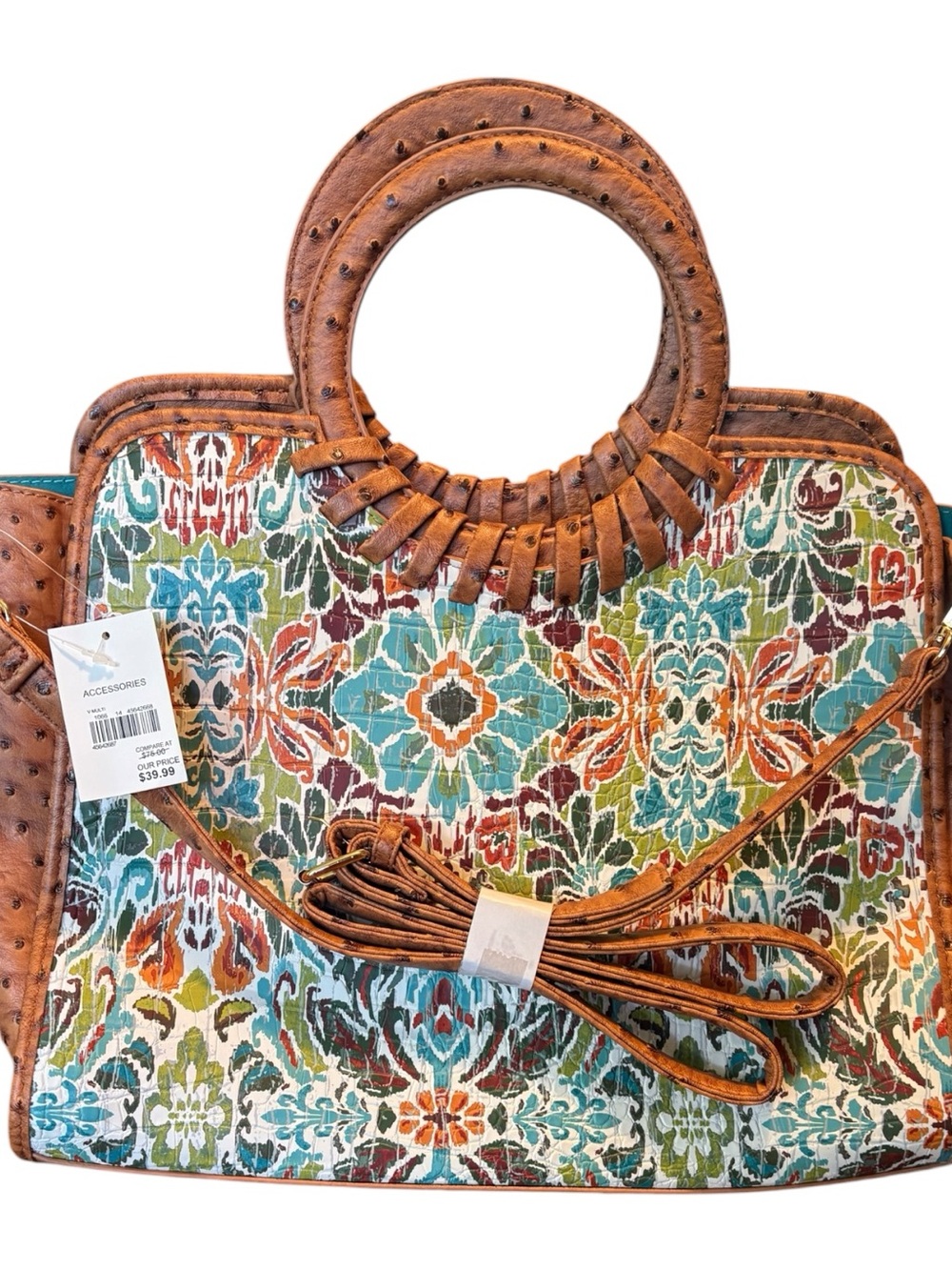Cato Multicolor Floral Pattern Tote with Brown Trim